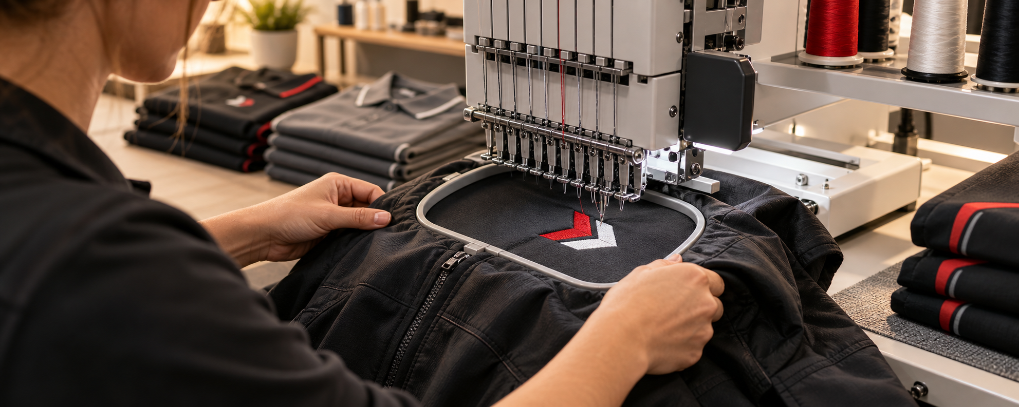 Textilveredelung einer schwarzen Arbeitsjacke an einer Stickmaschine