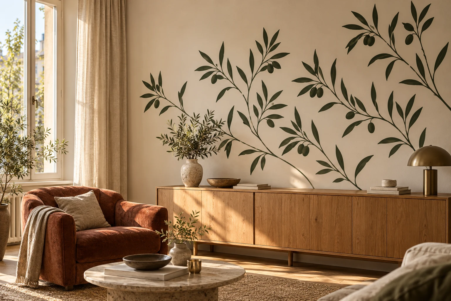 Gestaltungsbeispiel: grüner Olivenzweig als Wandtattoo über einem Holzsideboard im warmen Wohnzimmer
