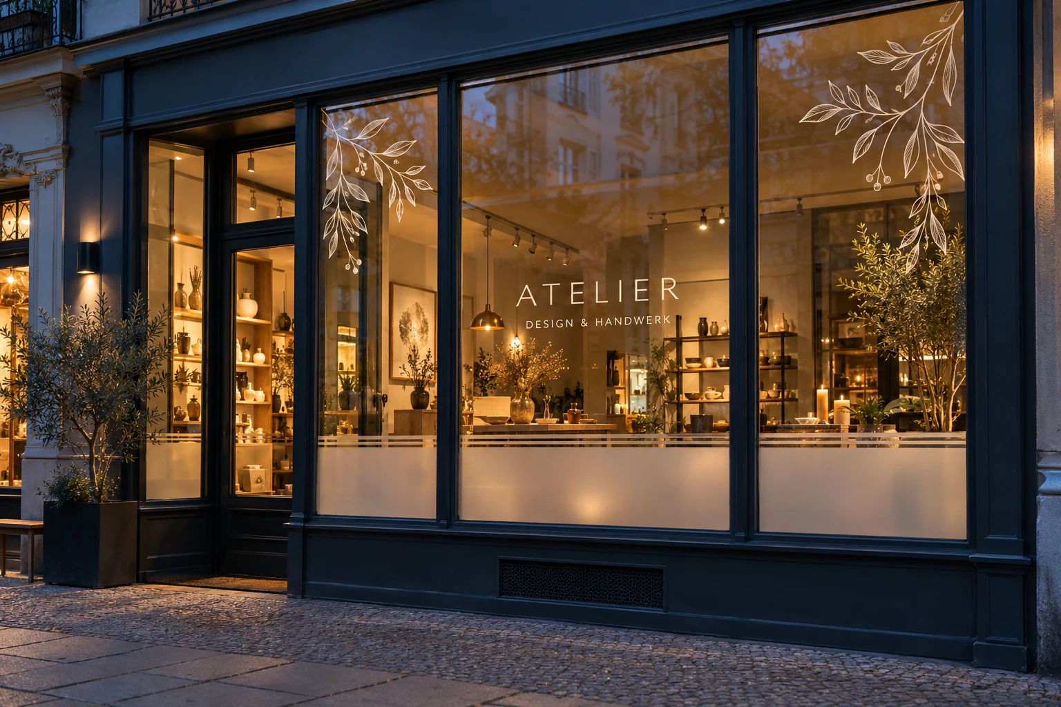 Gestaltungsbeispiel eines Schaufensters mit cremefarbenen botanischen Folienmotiven, Schrift und Sichtschutz bei Abendlicht